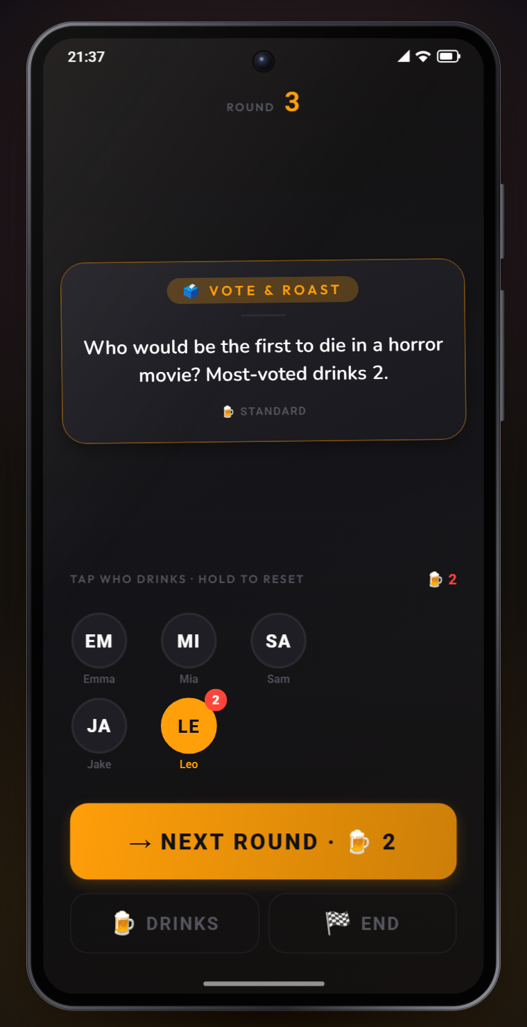 Wrecked game screen: a Vote & Roast card asking who would be first to die in a horror movie, with player bubbles to tap who drinks.